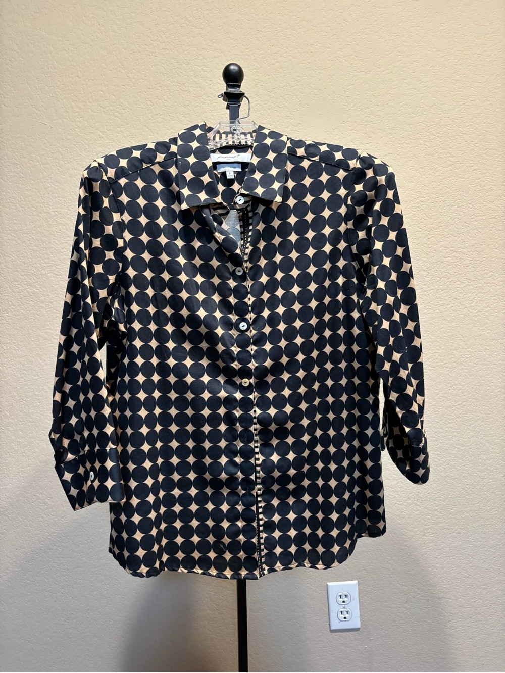Foxcroft Black and Cream Polka Dot Button-Down Shirt